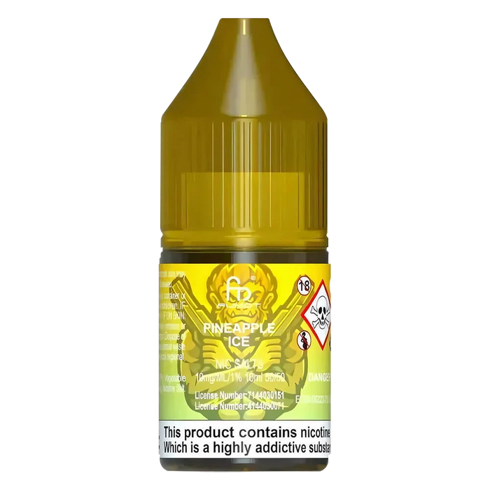10ml bottle of R and M Tornado 7000 Nic Salt E-Liquid in Pineapple Ice flavor, formulated for smooth nicotine delivery, perfect for pod systems and mouth-to-lung vaping.