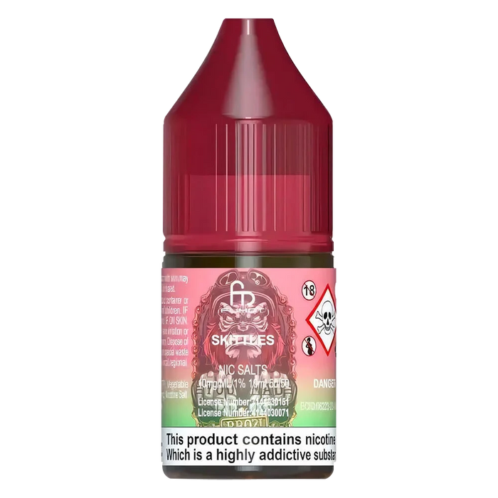 10ml bottle of R and M Tornado 7000 Nic Salt E-Liquid in Skittles flavor, formulated for smooth nicotine delivery, perfect for pod systems and mouth-to-lung vaping.