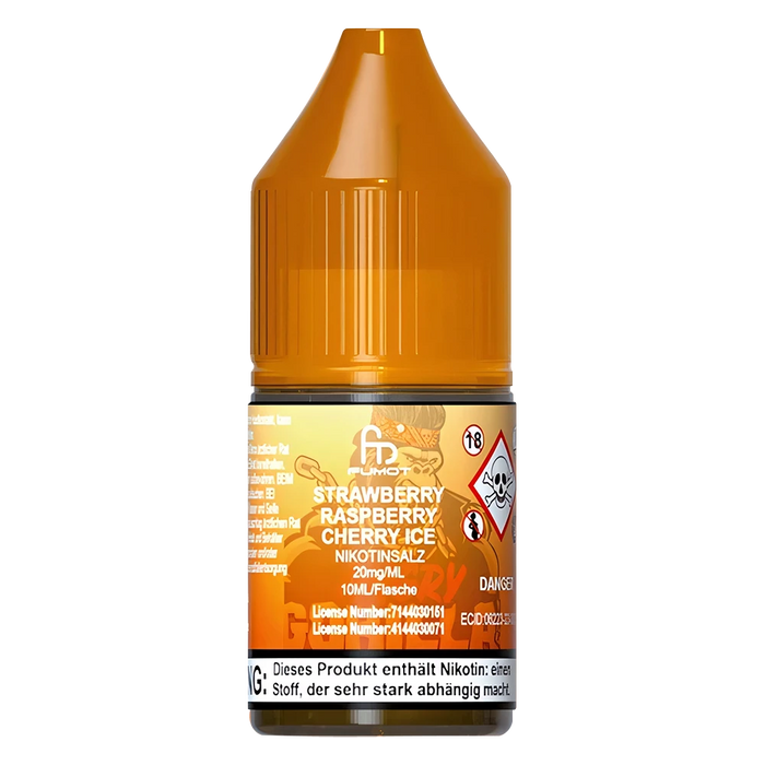 10ml bottle of R and M Tornado 7000 Nic Salt E-Liquid in Strawberry Raspberry Cherry Ice flavor, formulated for smooth nicotine delivery, perfect for pod systems and mouth-to-lung vaping.