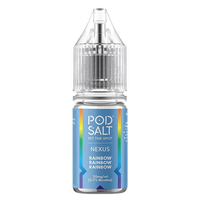 10 × Nexus Pod Salt Vape Juice Nic Salts 50/50 in Rainbow – a ten-bottle set of pre-mixed nic salt e‑liquids in 50/50 VG/PG ratio, featuring a smooth, all-day nicotine delivery.