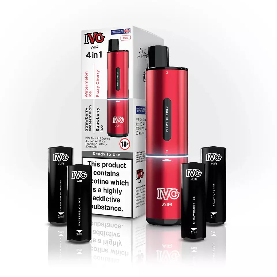 IVG 2400 AIR 4-in-1 starter kit disposable vape in Red, featuring four interchangeable 2ml pods, up to 2400 puffs, compact ergonomic design, and easy draw-activation for a convenient all-in-one vaping experience.