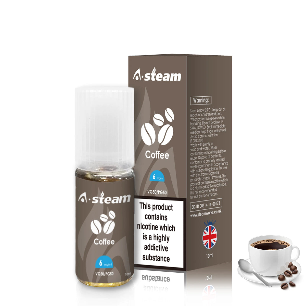 A-Steam 10ml e-liquid bottle in Coffee flavor, offering a variety of flavors for vaping.