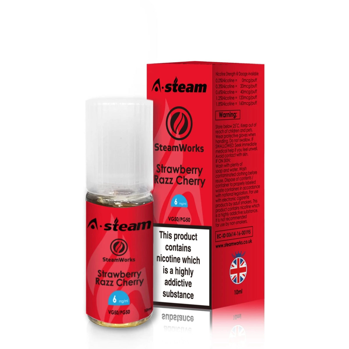 A-Steam 10ml e-liquid bottle in Strawberry Razz Cherry flavor, offering a variety of flavors for vaping.