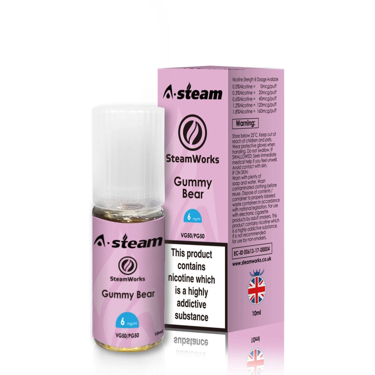 A-Steam 10ml e-liquid bottle in Gummy Bear flavor, offering a variety of flavors for vaping.