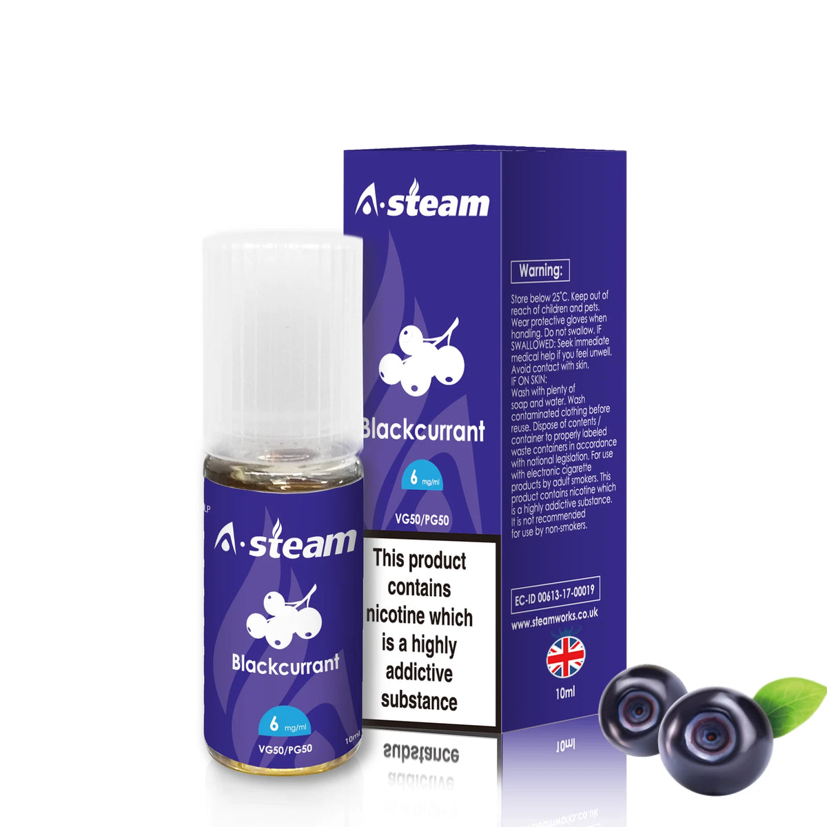 A-Steam 10ml e-liquid bottle in Black Currant flavor, offering a variety of flavors for vaping.