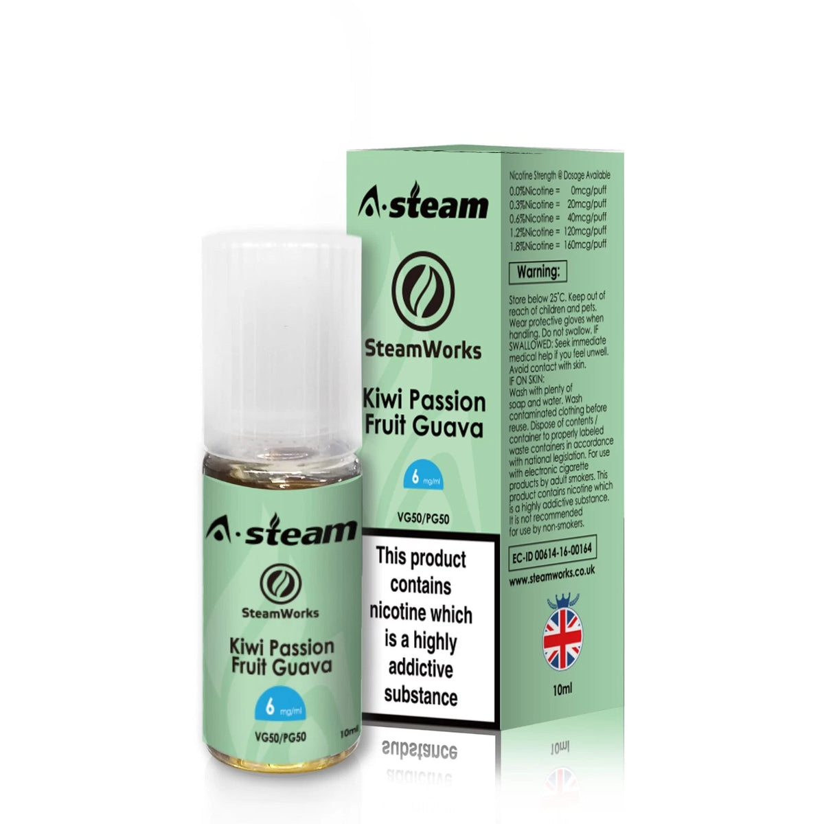 A-Steam 10ml e-liquid bottle in Kiwi Passion Fruit Guava flavor, offering a variety of flavors for vaping.