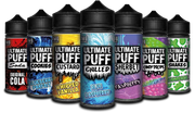 An array of Ultimate Puff e-liquid bottles in various flavors, including strawberry, lime, passionfruit, fruity pear, dark fruit, apple blackcurrant, and watermelon lime. Each bottle has a colorful label representing the specific flavor.