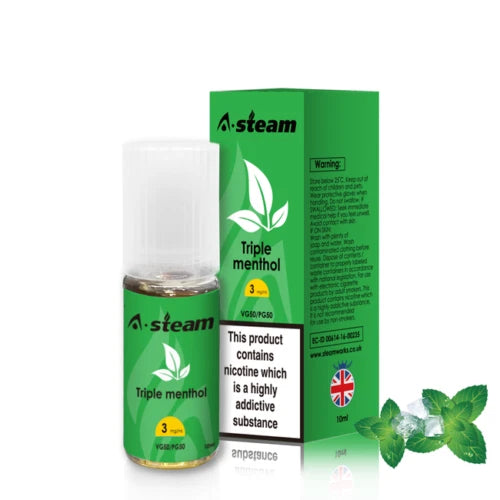 A-Steam 10ml e-liquid bottle in Triple Menthol flavor, offering a variety of flavors for vaping.