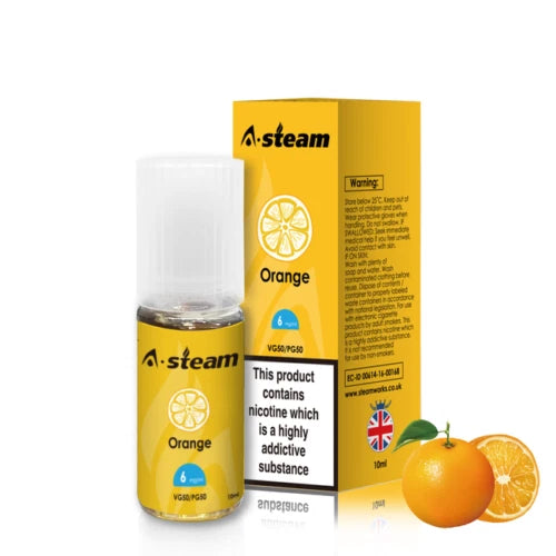 A-Steam 10ml e-liquid bottle in Orange flavor, offering a variety of flavors for vaping.