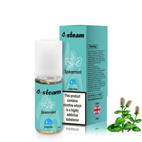 A-Steam 10ml e-liquid bottle in Spearmint flavor, offering a variety of flavors for vaping.