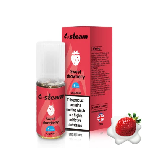A-Steam 10ml e-liquid bottle in Sweet Strawberry flavor, offering a variety of flavors for vaping.