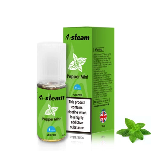 A-Steam 10ml e-liquid bottle in Pepper Mint flavor, offering a variety of flavors for vaping.
