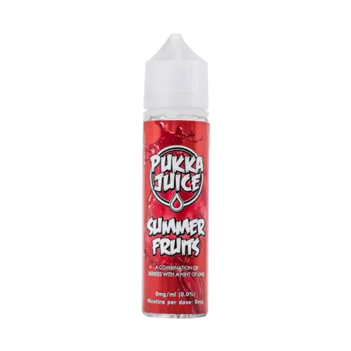 Pukka Juice Summer Fruits 50ml e-liquid with 0mg nicotine and 70/30 VG/PG ratio, offering a fruity tropical flavor blend.