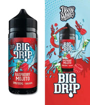 100ml shortfill bottle of Big Drip E-Liquid by Doozy Vape in Raspberry Mojito flavor, a refreshing mix of juicy raspberries, lime, and a hint of mint for a cocktail-inspired vape; 70VG/30PG blend for smooth flavor and thick clouds, nicotine-free with space for nic shots.
