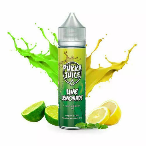 Pukka Juice Lime Lemonade 50ml e-liquid with 0mg nicotine and 70/30 VG/PG ratio, offering a fruity tropical flavor blend.