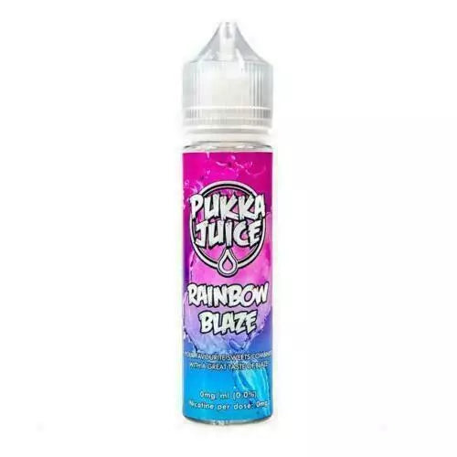 Pukka Juice Rainbow Blaze 50ml e-liquid with 0mg nicotine and 70/30 VG/PG ratio, offering a fruity tropical flavor blend.