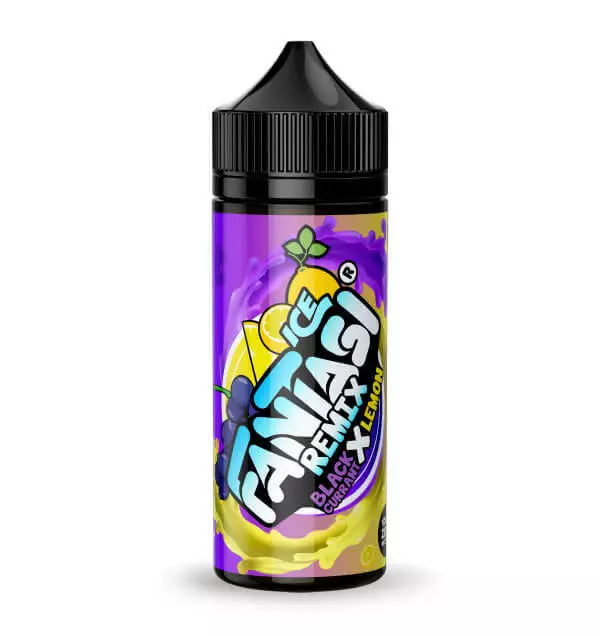 100ml shortfill bottle of Fantasi Premium E-Liquid in Ice Remix- Black Currant Lemon flavor, 70VG/30PG ratio for rich flavor and thick vapor clouds, nicotine-free with space for nic shots.