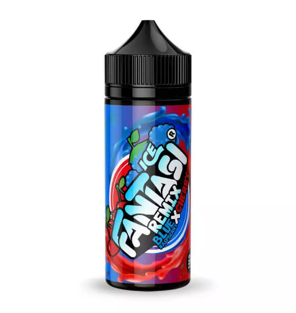 100ml shortfill bottle of Fantasi Premium E-Liquid in Ice Remix- Blue Raspberry Cherry flavor, 70VG/30PG ratio for rich flavor and thick vapor clouds, nicotine-free with space for nic shots.