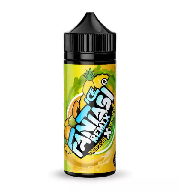 100ml shortfill bottle of Fantasi Premium E-Liquid in Ice Remix- Tropical Thunder flavor, 70VG/30PG ratio for rich flavor and thick vapor clouds, nicotine-free with space for nic shots.