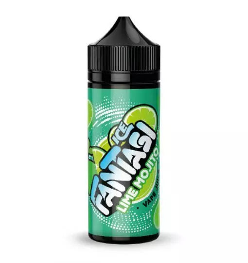 100ml shortfill bottle of Fantasi Premium E-Liquid in Lime Mojito Ice flavor, 70VG/30PG ratio for rich flavor and thick vapor clouds, nicotine-free with space for nic shots.