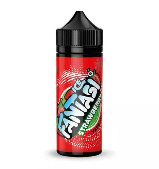 100ml shortfill bottle of Fantasi Premium E-Liquid in Strawberry Ice flavor, 70VG/30PG ratio for rich flavor and thick vapor clouds, nicotine-free with space for nic shots.