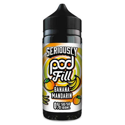 100ml shortfill bottle of Seriously Pod E-Liquid by Doozy Vape in Banana Mandarin flavor, blending creamy banana with zesty mandarin for a smooth and fruity vape; nicotine-free with room for nic shots, crafted with a pod-friendly formula for rich flavor and consistent clouds.