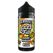 100ml shortfill bottle of Seriously Pod E-Liquid by Doozy Vape in Banana Mandarin flavor, blending creamy banana with zesty mandarin for a smooth and fruity vape; nicotine-free with room for nic shots, crafted with a pod-friendly formula for rich flavor and consistent clouds.