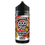 100ml shortfill bottle of Seriously Pod E-Liquid by Doozy Vape in Blood Orange Pineapple flavor, nicotine-free with room for nic shots, crafted with a pod-friendly formula for rich flavor and consistent clouds.