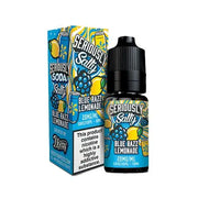 A 10ml bottle of Seriously Salty Blue Razz Lemonade Nic Salt E-Liquid next to its colorful packaging box, both featuring a blue raspberry and lemonade design.