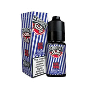 A 10ml bottle of Seriously Salty Blue Wing Nic Salt E-Liquid with a childproof cap, next to its packaging box which has striped blue and white design elements and product information.