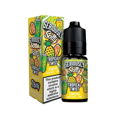 Packaging for Seriously Salty Nic Salt E-Liquid with a tropical theme, featuring a bottle with mango, pineapple, and citrus imagery, and text indicating the flavor and nicotine strength.