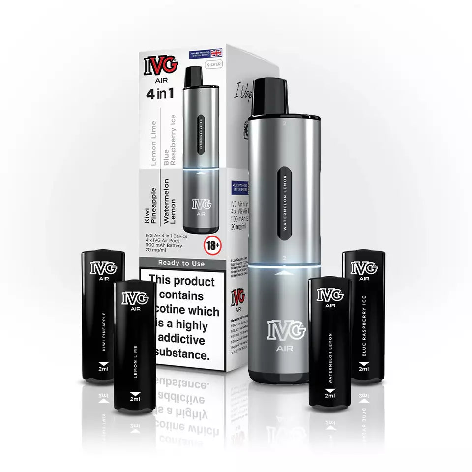 IVG 2400 AIR 4-in-1 starter kit disposable vape in Silver, featuring four interchangeable 2ml pods, up to 2400 puffs, compact ergonomic design, and easy draw-activation for a convenient all-in-one vaping experience.