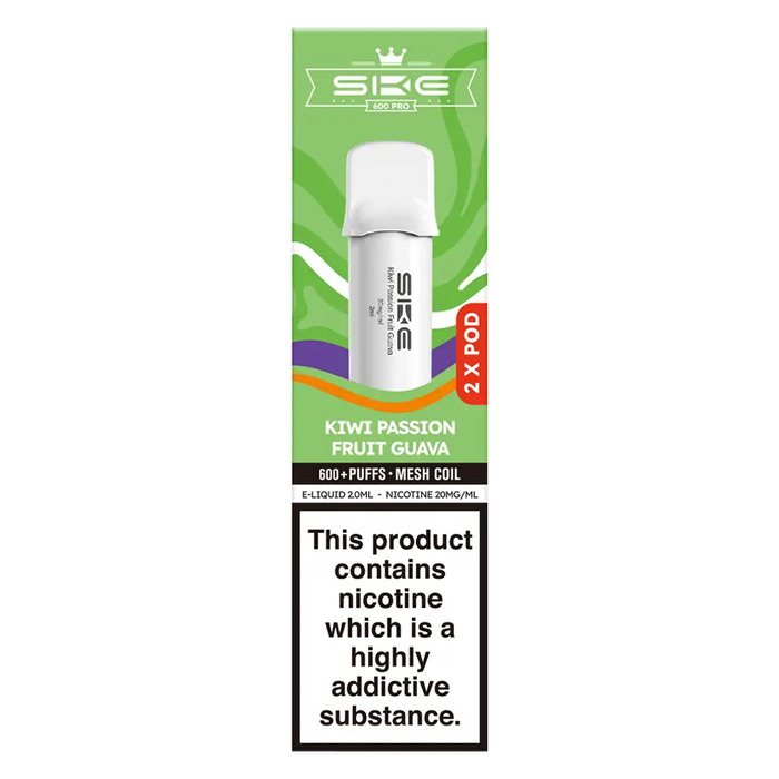 SKE Crystal Bar 600 Pro Prefilled Pods in Kiwi Passion Fruit Guava flavor – sleek vape device with up to 600 puffs.
