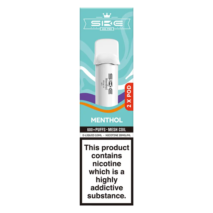 SKE Crystal Bar 600 Pro Prefilled Pods in Menthol flavor – sleek vape device with up to 600 puffs.