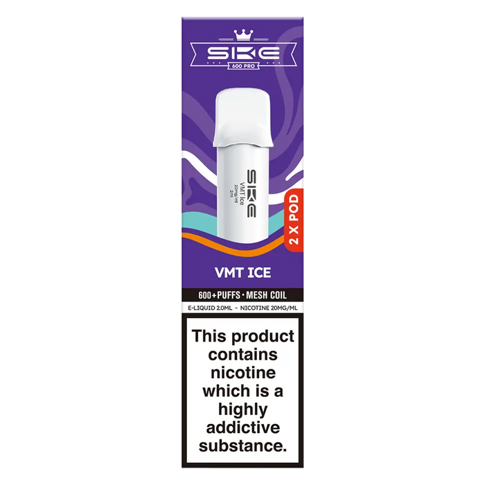 SKE Crystal Bar 600 Pro Prefilled Pods in VMT Ice flavor – sleek vape device with up to 600 puffs.