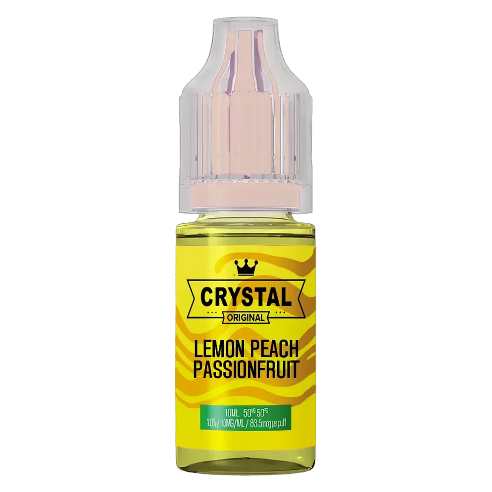 SKE Crystal Nic Salt 10ml E-Liquid in lemon peach passionfruit flavor, available in 10mg or 20mg strength with a 50/50 VG/PG ratio.