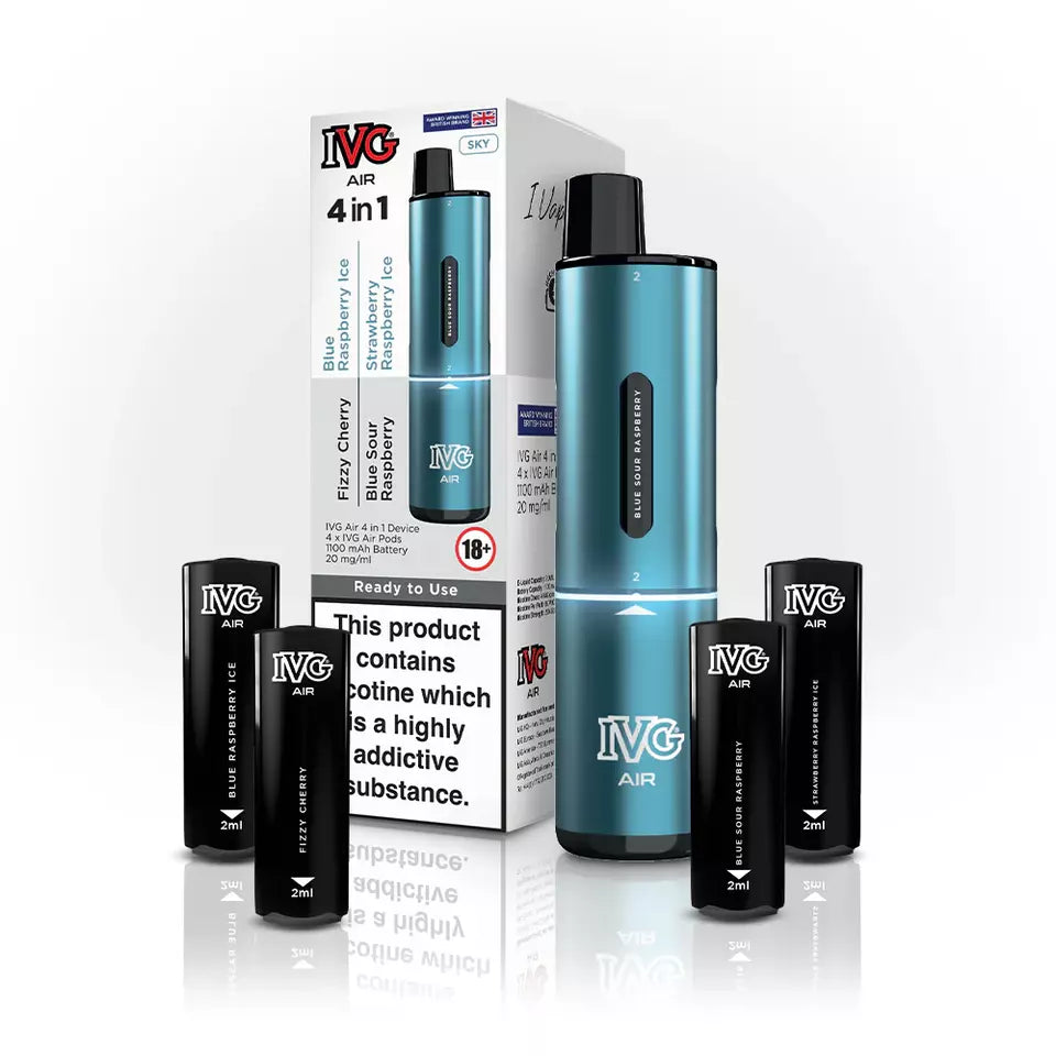 IVG 2400 AIR 4-in-1 starter kit disposable vape in Sky, featuring four interchangeable 2ml pods, up to 2400 puffs, compact ergonomic design, and easy draw-activation for a convenient all-in-one vaping experience.