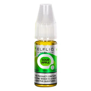 A product image showing a bottle of ELFBAR ElfLiq Nic Salts in Sour Apple flavor, alongside its packaging box. The bottle has a label with nicotine content information and a green and white color scheme.
