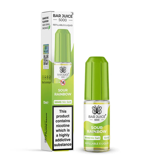 A product image showing a box and a bottle of Bar Juice 5000 Sour Rainbow Nic Salt Vape juice. The box is green and white with text, and the bottle is clear with a green label.