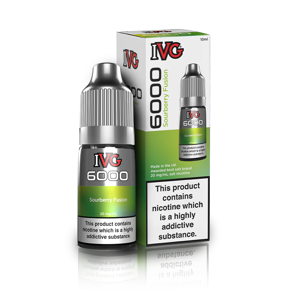 10ml bottle of IVG 6000 Nicotine Salt Vape Juice in Sourberry Fusion flavor, blending crisp green apple with an icy menthol twist; available in 10mg and 20mg strengths, featuring a smooth nic salt formula perfect for pod kits and mouth-to-lung vaping.