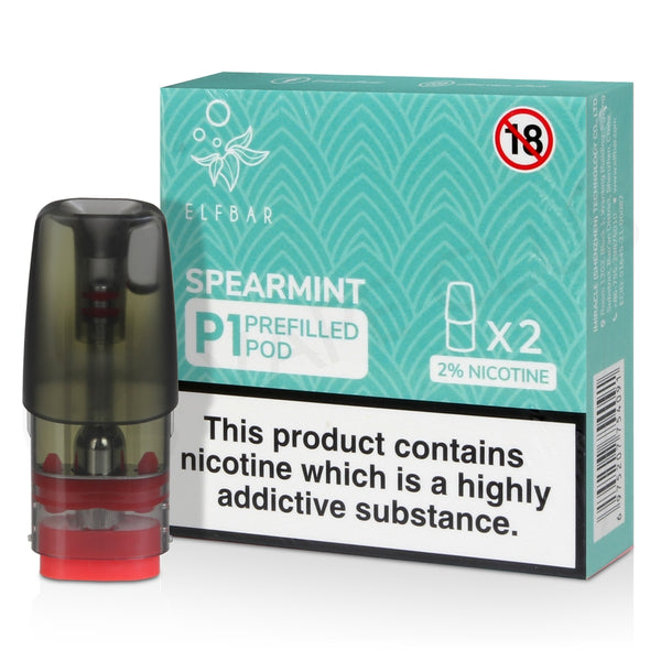 Elf Bar Mate P1 prefilled pod in Spearmint flavor, offering a cool, refreshing mint taste, designed for use with the Elf Bar Mate device for a smooth and satisfying vaping experience