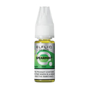 A bottle of Elf Bar ElfLiq Spearmint Nic Salt Vape Juice, 10ml with a label indicating 20mg nicotine strength and a warning about nicotine content.