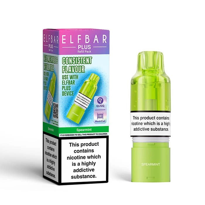 Elf Bar Plus 12 Prefilled Pod & Refill in spearmint – rechargeable vape with a 2ml prefilled pod, 8ml refill container, and 0.8Ω QUAQ mesh coil.