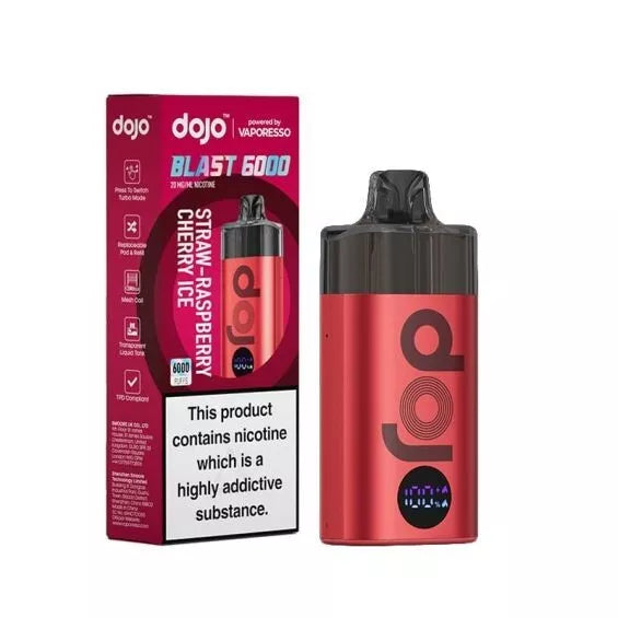 Vaporesso Dojo Blast 6000 puffs vape kit in Straw-Raspberry Cherry Ice, featuring a sleek rechargeable design with 6k BIG Puff capacity, mesh coil technology for enhanced flavor, long-lasting battery, and user-friendly draw activation.