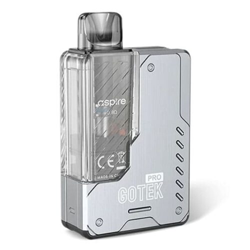 Aspire Gotek Pro Vape Kit in Stainless Steel – compact and stylish pod system with a sleek metallic finish, side-fill pod design, and smooth auto-draw functionality for convenient vaping.