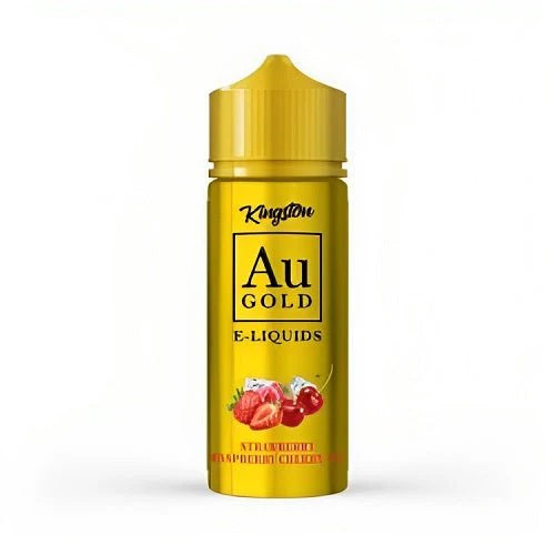 100ml shortfill bottle of Kingston AU Gold E-Liquid in Strawberry Cherry Ice flavor, crafted with a premium high-VG formula, nicotine-free with space for nic shots.