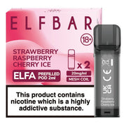 Elf Bar Elfa prefilled pod in Strawberry Raspberry Cherry Ice flavor, combining sweet strawberries, tangy raspberries, and rich cherries with a cool icy finish, designed for use with the Elf Bar Elfa device for a refreshing and fruity vaping experience