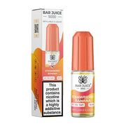 The image shows a product packaging for Bar Juice 5000 e-liquid in Strawberry Banana flavor. The packaging is predominantly orange and white with text and graphics describing the product as a refillable vape juice with 5000mg nicotine content, 10ml volume, and strawberry and banana flavors.