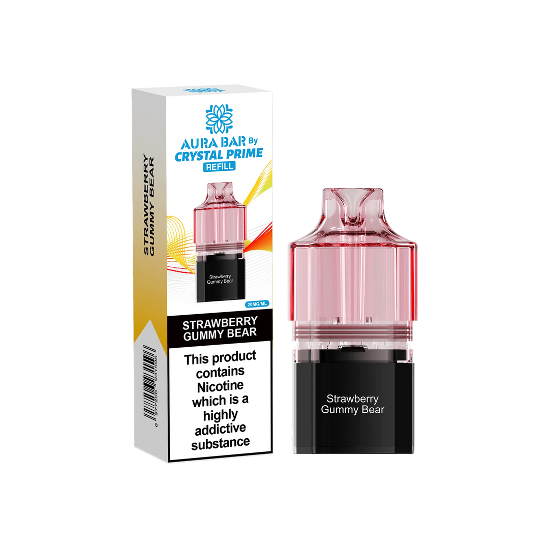 Strawberry Gummy Bear Aura Bar Crystal Prime 10K Replacement Pods – long-lasting prefilled vape pods with rich flavours and smooth performance