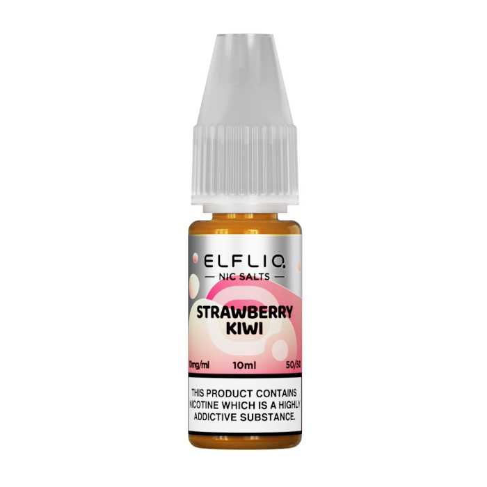A product packaging for Elf Bar ElfLiq Strawberry Kiwi Nic Salt Vape Juice, featuring a pink and white color scheme with product information and branding.